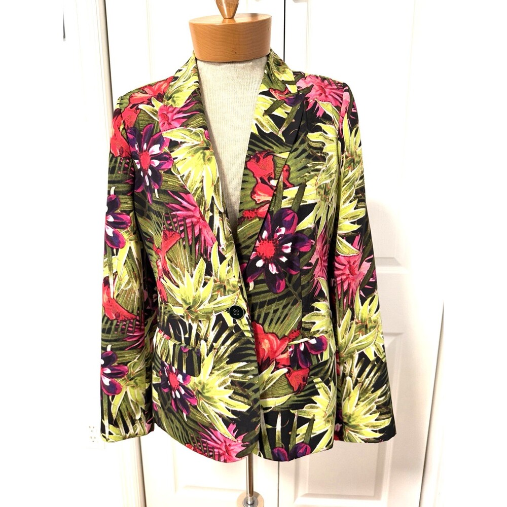 Chicos Size 00 XS Palm Leaf Tropical Floral Print Single Button Blazer Jacket